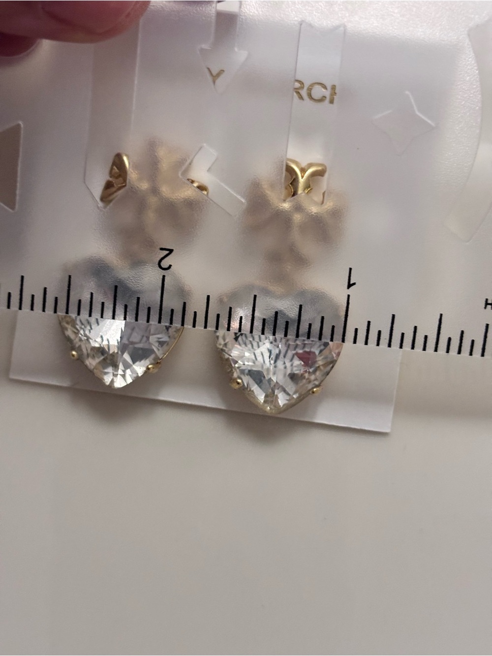 Tory Burch Gold Drop Earrings with Clear Heart Crystal - Picture 3 of 4